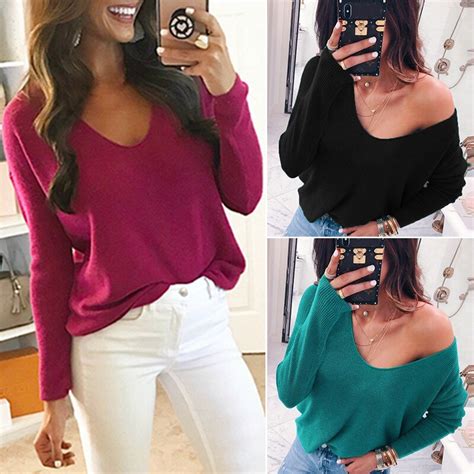 Buy 2019 Sexy Women Deep V Neck Long Sleeve Sweater