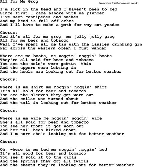 All For Me Grog By The Dubliners Song Lyrics And Chords