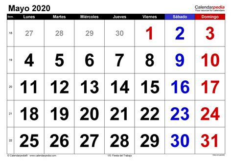 Calendario Mayo 2020 En Word Excel Y Pdf Calendarpedia