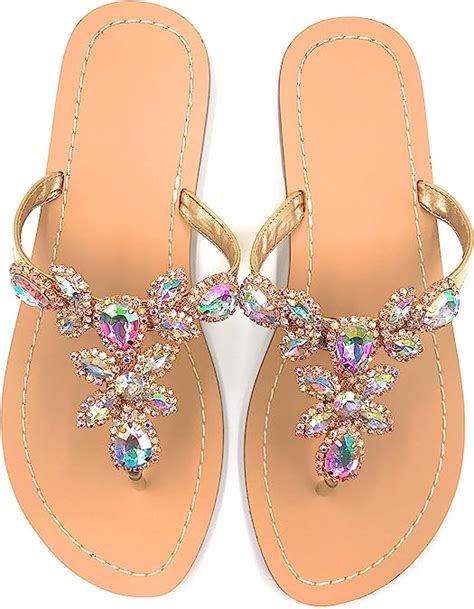 Azmodo Women S Gold Jeweled Hand Crafted Crystal Flip Flops Rhinestones Flats Sandals Y22