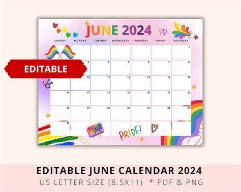 Editable June Calendar Pride Calendar Queer Proud Academic