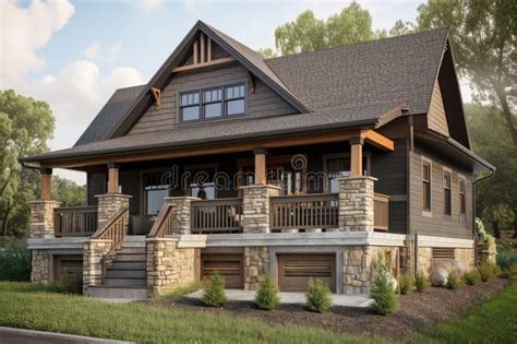 A Craftsman Style Home With A Wrap Around Porch And Stone Steps Stock