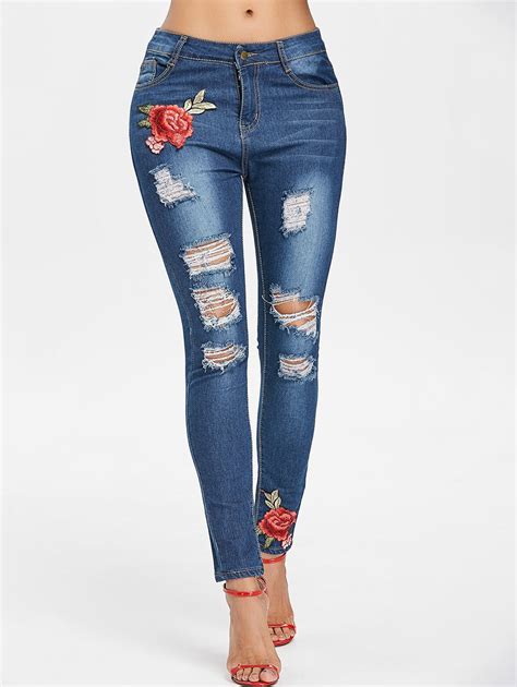 37 Off Floral Embroidery Slim Ripped Jeans Rosegal