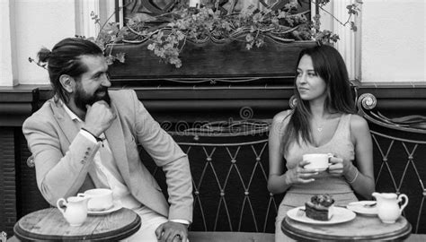 First Meet And Acquaintances Couple In Love Bearded Man And Woman In Cafe Stock Image Image