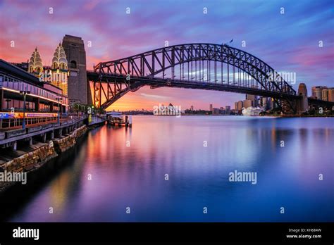 harbour bridge and sydney opera house at sunrise milsons point sydney new south wales