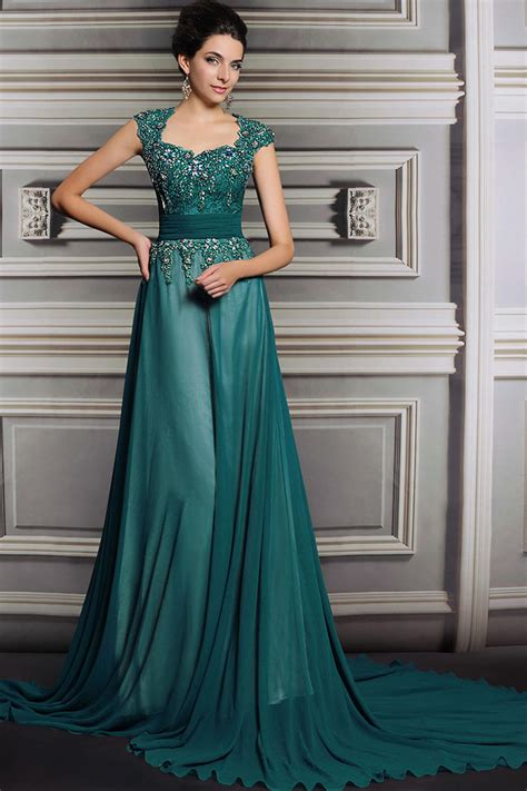 Schöne grünes Carré Ausschnitt A Linie Applikation Abendkleid aus