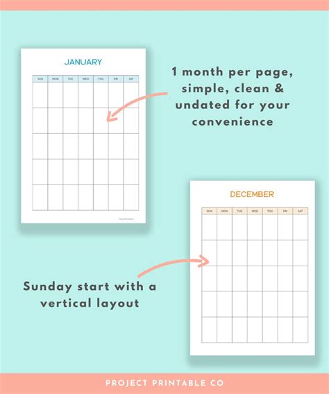 Undated Monthly Calendar Printable Sunday Start Vertical Etsy