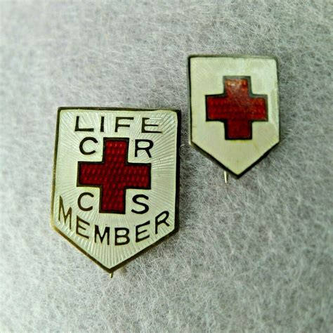 2 Sterling Enamel Lapel Pins Canadian Red Cross Society Life Member And