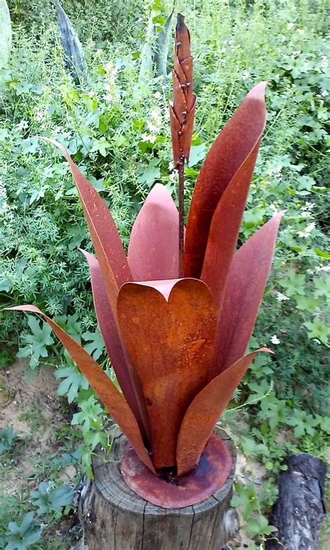 A Pair Of Budding Agaves Rustic Garden Sculpture Metal Cactus Metal