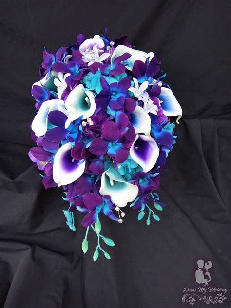 dress my wedding galaxy orchid bridal bouquet with purple teal and blue picasso callas