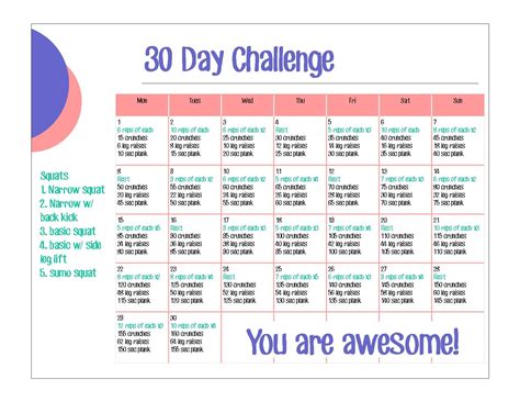 30 Day Abs And Squats Challenge Printables Calendar Template 2020