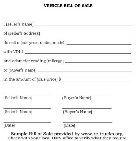 Used Car Bill Of Sale Form Free Printable Documents