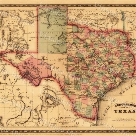 Old Map Of Texas 1876 Vintage Historical Wall Map Antique Etsy