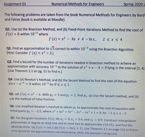 Solved Assignment 01 Numerical Methods For Engineers Spring Chegg Com