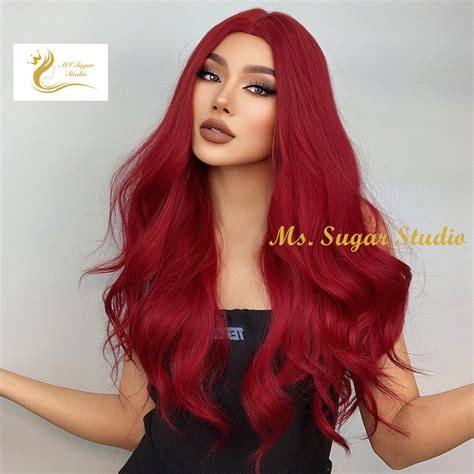 Long Red Straight Wig With Bangsfashion Red Wigmedium Long Etsy