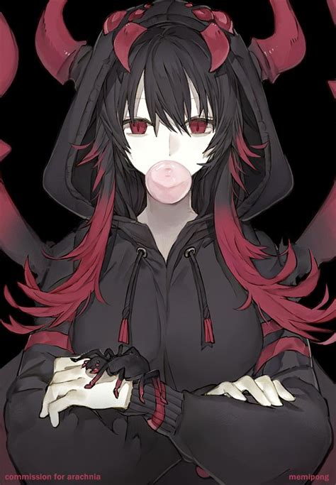 An Anime Character With Horns On Her Head And Long Hair Wearing A Black Hoodie