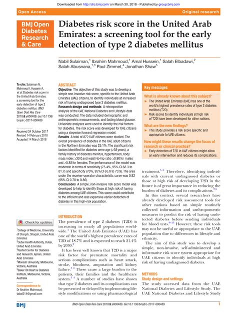 Pdf Diabetes Risk Score In The United Arab Emirates A Screening Tool