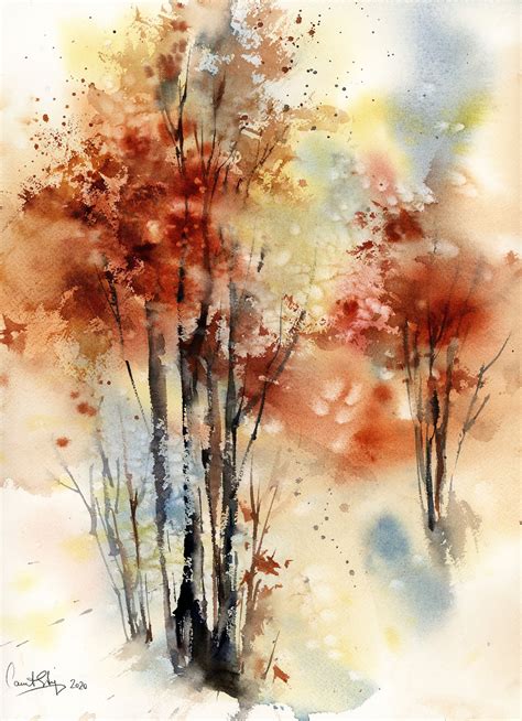 Autumnal Trees Original Watercolor Painting Autumn Nature Inspired