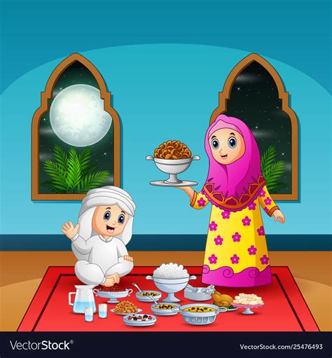 Woman Muslim Preparing Food For Iftar Party Vector Image