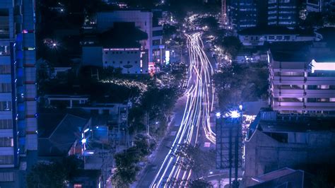 Download Wallpaper 2048x1152 Night City Road Aerial View