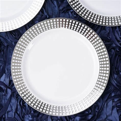 10 Pack 9 White Round Disposable Plastic Dinner Plates With Silver Hot