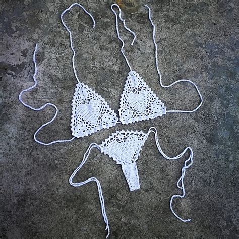 Handmade Crochet Micro Bikini G Thong String Sexy Black Lingerie Set