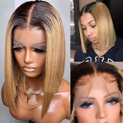 honey blonde bob wigs human hair short straight 1b 27 ombre lace front wigs t part 13x1x5 pre