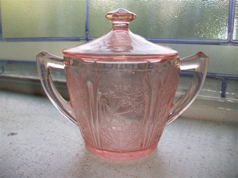 Pink Depression Glass Sugar Bowl With Lid Cherry Blossom Vintage 1930s