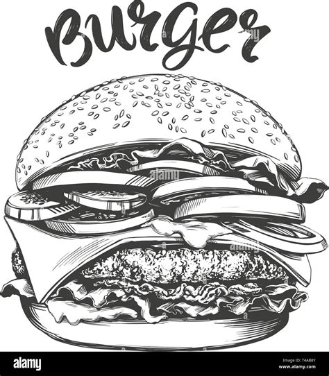 Big Burger Hamburguesa Dibujados A Mano Ilustración Vectorial Dibujo Realista Imagen Vector De