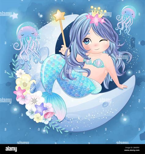 Cute Mermaid With Watercolor Illustration Stock Photo Alamy