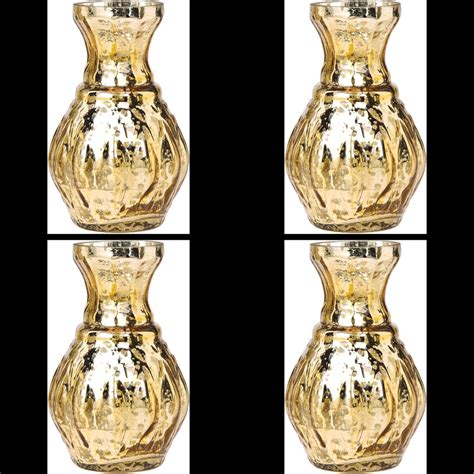 4 Pack Vintage Mercury Glass Vase 4 Bernadette Mini Ribbed Design Gold Decorative Flower