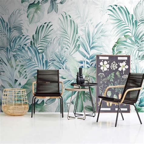 Custom Mural Wallpaper Watercolor Tropical Plant Leaves Bvm Home