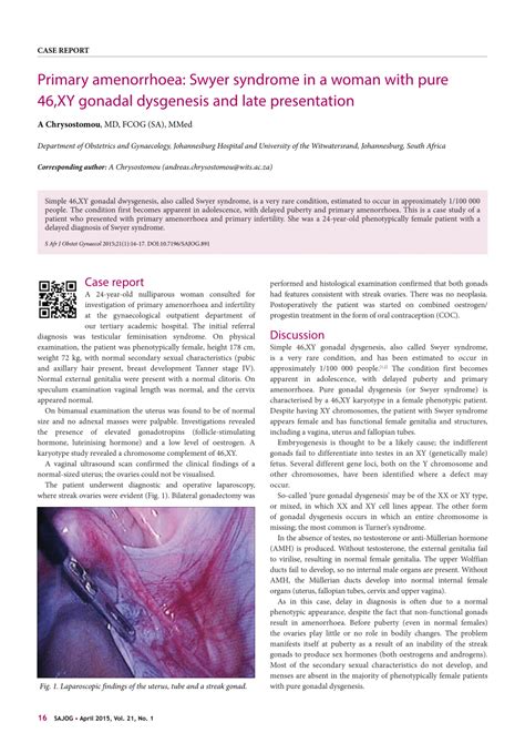 PDF Primary Amenorrhoea Swyer Syndrome In A Woman With Pure 46 XY