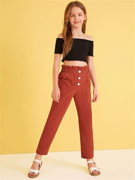 Girls Rib Knit Bardot Crop Top And Paperbag Waist Pants Set Shein