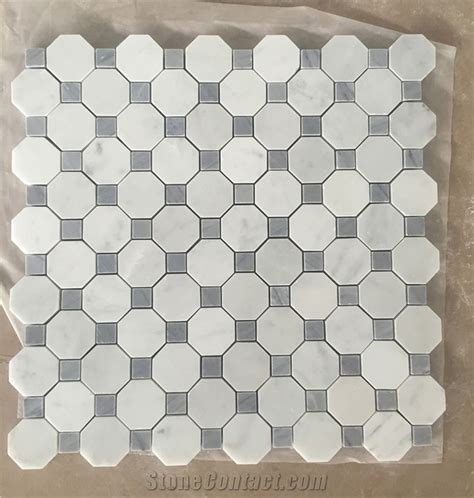 Carrara White 2 Inch Octagon Mosaic Tile W Black Dots Honed Marble