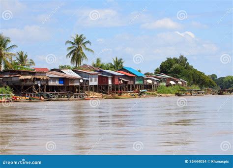 Scene Of Village Beside Mekong River In Champasak Southern Of Laos