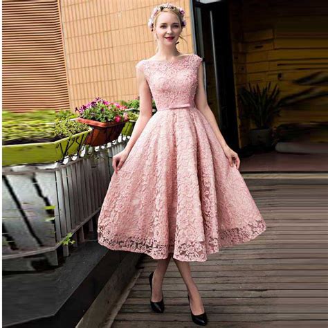 Pink Lace Tea Length Homecoming Dress Cap Sleeve Party