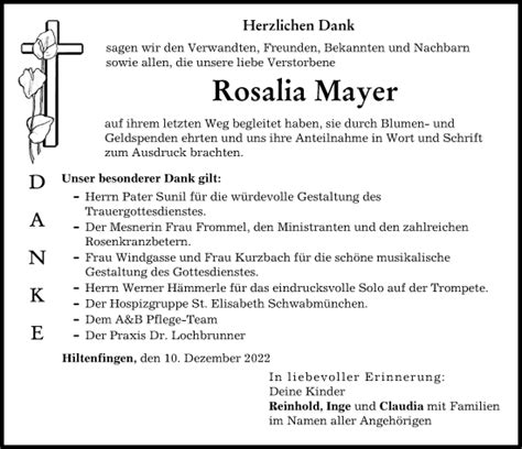 Traueranzeigen Von Rosalia Mayer Augsburger Allgemeine Zeitung