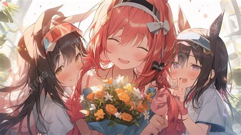 Three Anime Girls Holding Flowers In His Arms Background Feliz Dia De Las Madres Picture