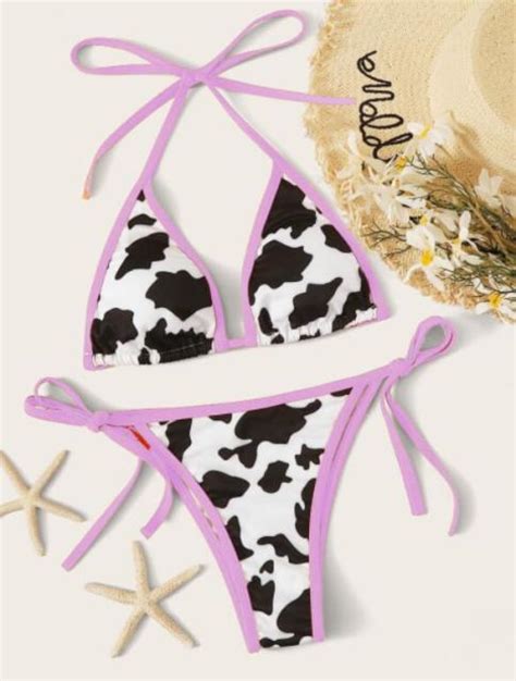 the cow print bikini lacing up bandage female swimwear purple border the cow print