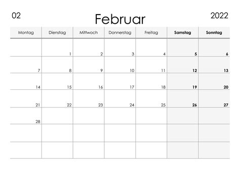 Kalender Februar 2022 Kleine Ziffern Im Querformat Kalendersu