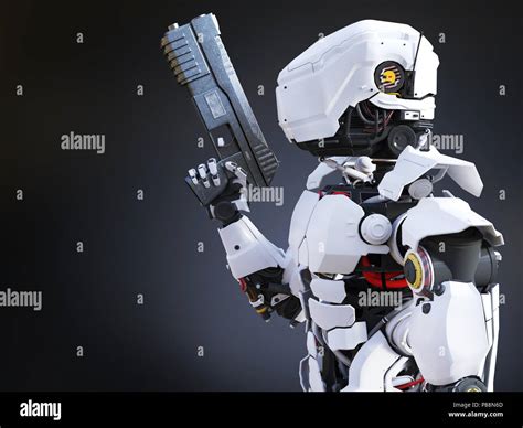 3d Rendering Of A Futuristic Robot Police Or Soldier Holding A Gun