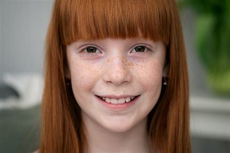 Happy Little Ginger Girl With Freckles Smiling Stock Image Image Of