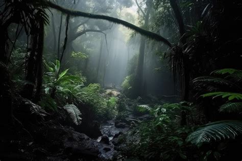 Premium Ai Image Dark Rainforest With Misty And Mysterious Atmosphere