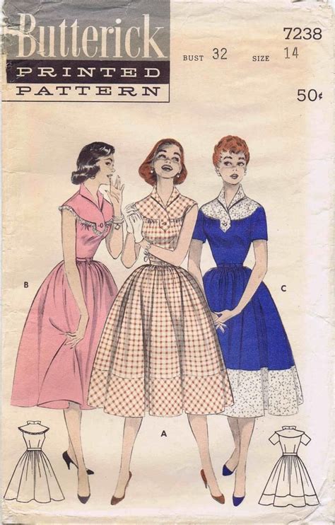 Sale 1950s Misses Full Skirt Dress Butterick 7238 Vintage Etsy