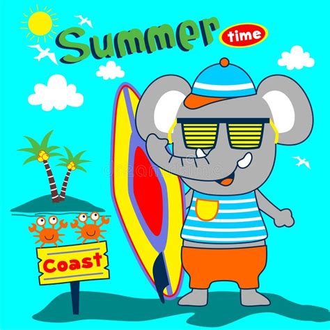 Summer Vacation On The Beach Funny Animal Cartoonvector Illustration