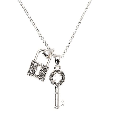 Silver Rhinestone Lock And Key Pendant Necklace Claires Us