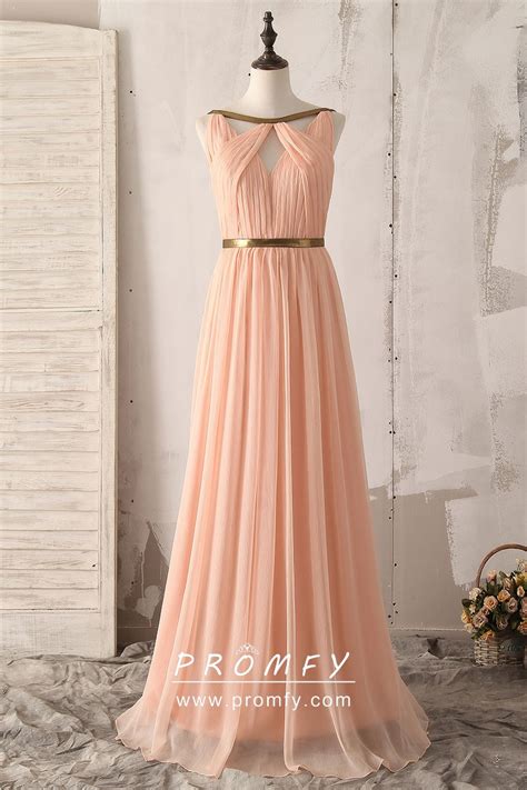 Peach Chiffon Gold Strap Pleated Bridesmaid Dress Promfy