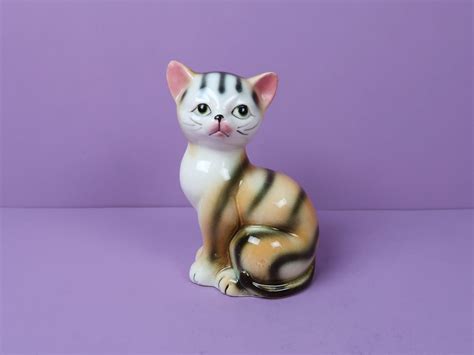 Striped Cat Figurine Vintage Small Ceramic Porcelain Japan Sitting