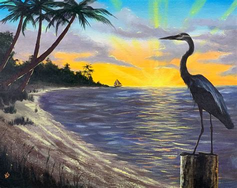 Blue Heron Beach Acrylic Painting Painting Wildlife Paintings